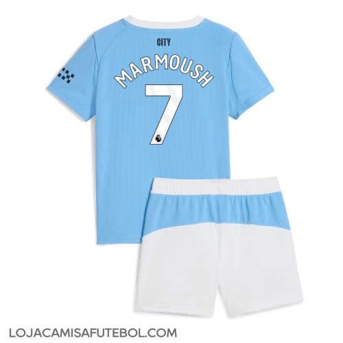 Camisa de Futebol Manchester City Omar Marmoush #7 Equipamento Principal Infantil 2025-26 Manga Curta (+ Calças curtas)